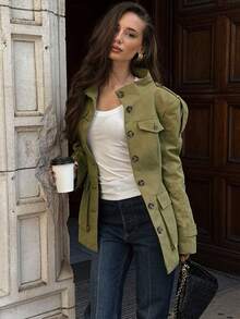 Women's Khaki Bomber Jacket, Casual Long Windbreaker For Autumn/Winter, Button-Up Long Sleeve Street Style Outerwear - Olive Green - View 3