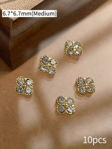 10件組迷你、中型與大型美甲裝飾品，四葉草造型美甲飾品，鑲嵌水鑽、仿珍珠，金銀色，奢華Y2K金屬美甲配件，白色、粉色與紅色水鑽可選，適用於各種DIY美甲裝飾，美甲用品美甲飾件 - 彩色 - 查看 10