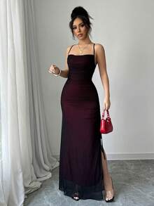 Elegant, Sexy, Retro Women's Dress, High-Waisted, With Side Drawstring And Criss-Cross Straps At The Back, Suitable For Dates, Birthdays, Graduations And Other Occasions. - 酒紅色 - 查看 7