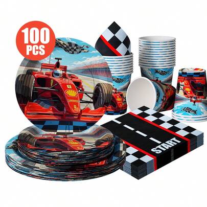 F1 Racing Event Disposable Plates, Napkins, Cups, One-Time Party Supplies Set, Suitable For 25 Guests, Disposable Paper Plates Party Tableware For Birthday, Wedding, Theme Party, Family Picnic