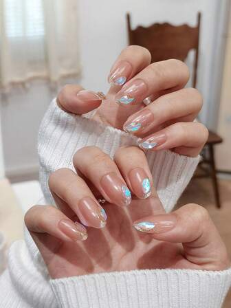 24 uñas postizas de forma ovalada, color nude con brillos holográficos y piedras rhinestones, set de manicura de estilo dulce, adecuado para niñas/mujeres para citas, regalos, San Valentín, uso diario, incluye 1 pieza de gel de gelatina y 1 pieza de lima de uñas