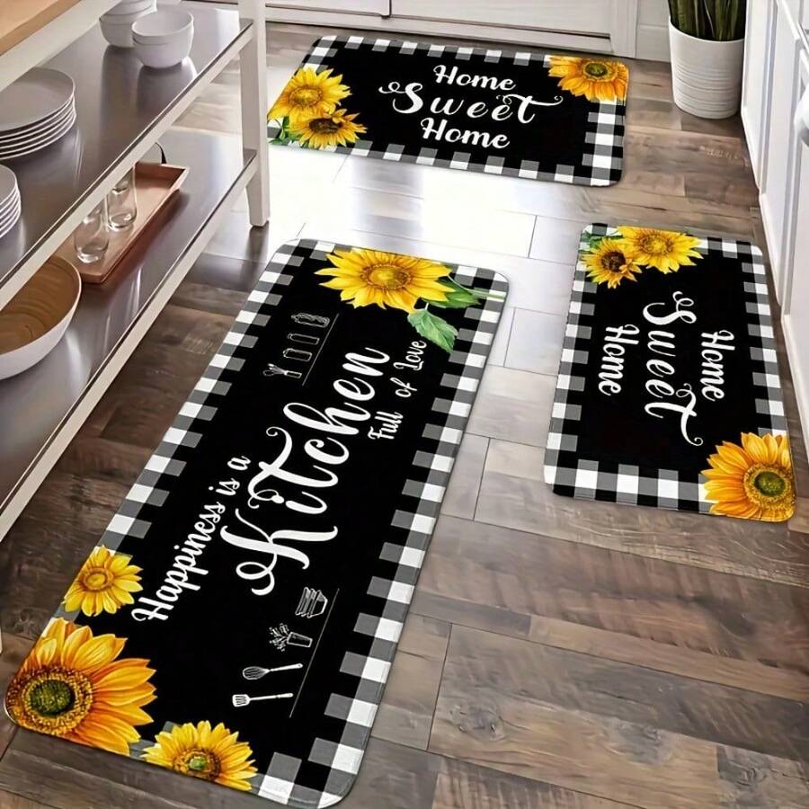 1/2/3pcs Set Kitchen Carpet | Anti-Slip, Soft, Comfortable, Easy To Clean Polyester Carpet For Home Decoration, Suitable For Sink, Bedroom, Living Room, Kitchen, And Bathroom, Machine Washable, Plaid And Floral Pattern, Rectangular Shape, Bonded Pile - 17x24+17x47吋(2件) - 查看 1