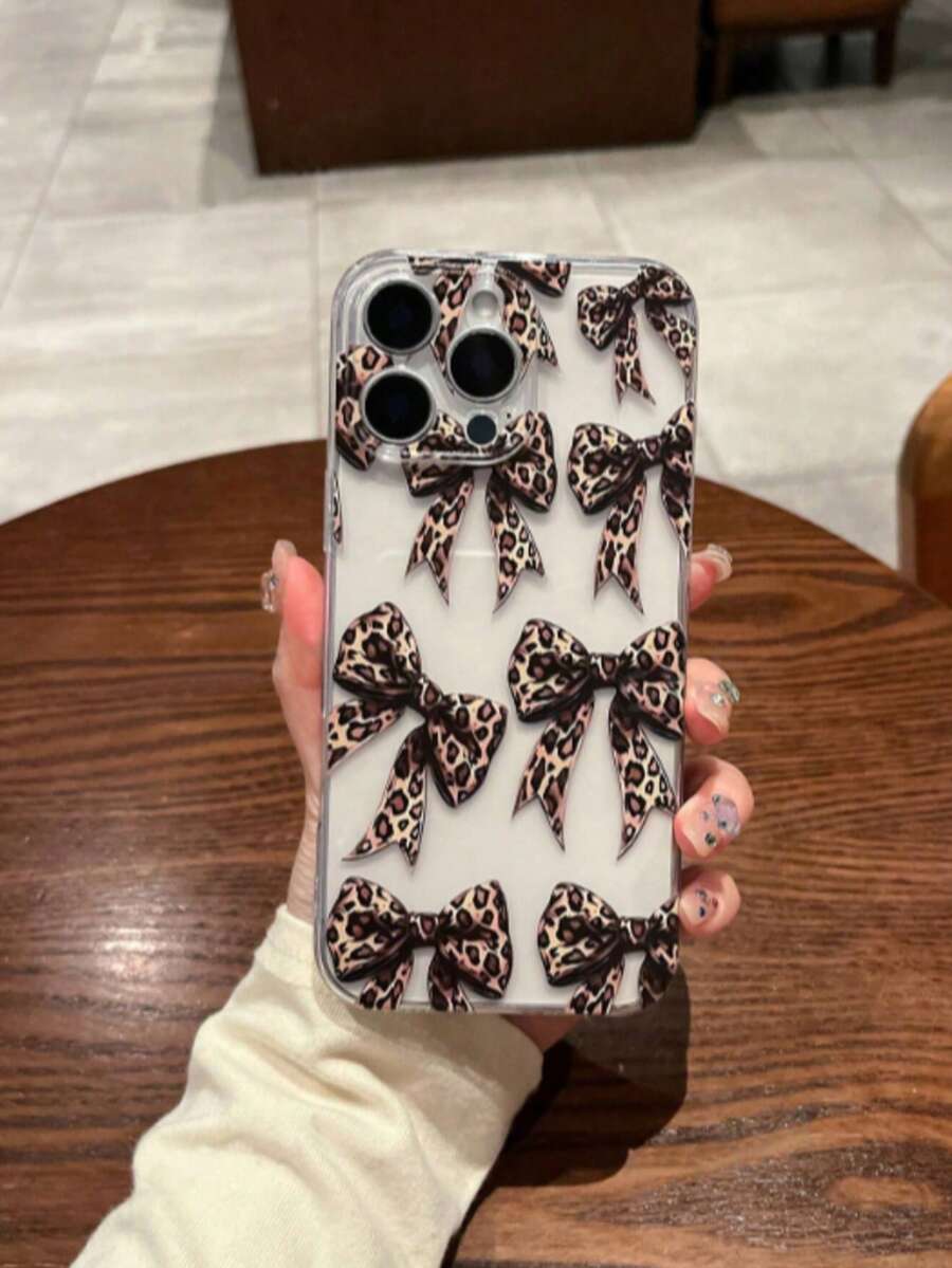 1pc Transparent TPU Silicone Phone Case, Full Camera Coverage, Leopard Print & Bow Design, UV Printing, Compatible With IPhone 16/16 Pro/16 Plus/16 Pro Max, 7/7P/8/8P/X/XR/XS Max, 11/11 Pro/11 Pro Max, 12/12 Pro/12 Mini/12 Pro Max, 13/13 Pro/13 Pro Max, 14/14 Pro/14 Plus/14 Pro Max, 15/15 Pro/15 Plus/15 Pro Max - Clear - View 1
