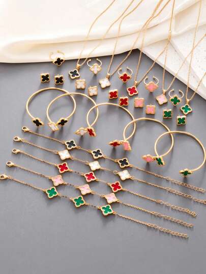 6pcs Minimalist Four-Leaf Clover Jewelry Set, Includes Necklace, Earrings, And Bracelet, Suitable As Gifts For Friends, Teachers, Family, Girlfriends, Ideal For Occasions Like Dates, Parties, Back To School, Graduation, Photo Shoots, And Holidays Like Parent's Day, Mother's Day, New Year, Valentine's Day, Halloween, Christmas, Etc.