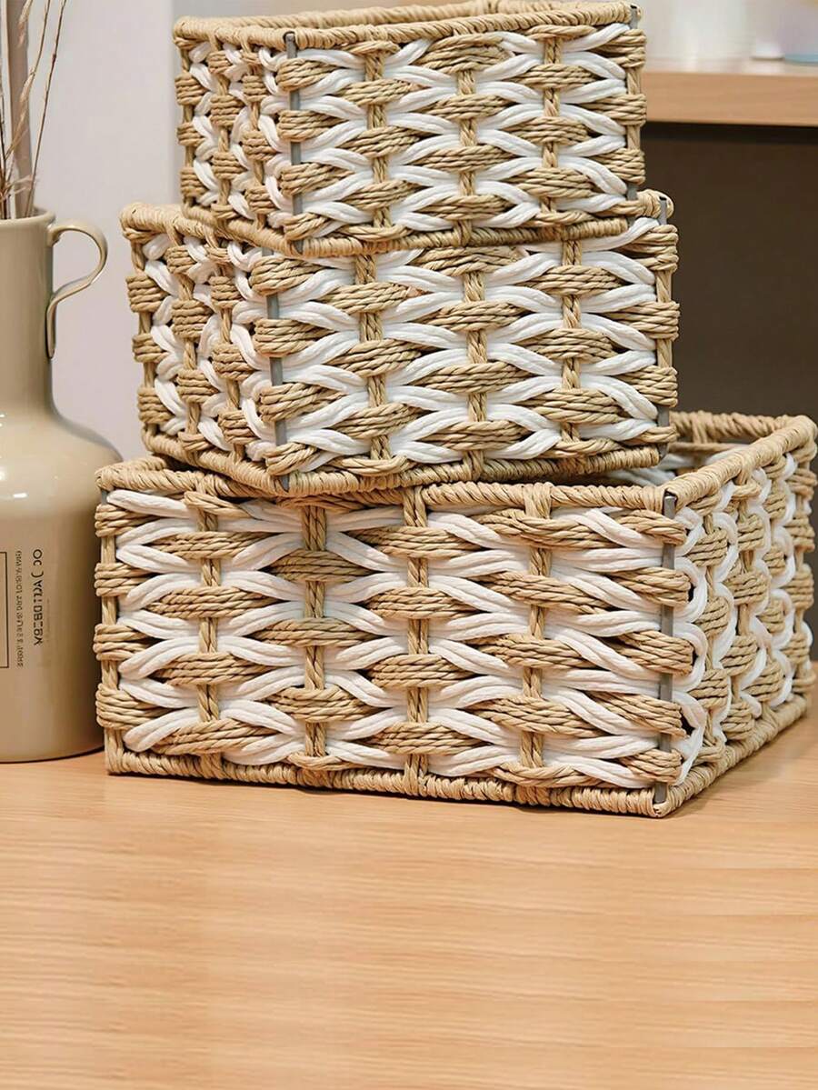 Handwoven Storage Basket, Multipurpose Desktop Organizer Box, Living Room Storage Bin, Can Store Snacks, Toys, Keys And Small Items, Bohemian Geometric Woven Basket, Wooden Rattan Planter Stand, Mixed Natural Rope Decor, Creates A Coastal Ambiance. - Rectangle - View 1