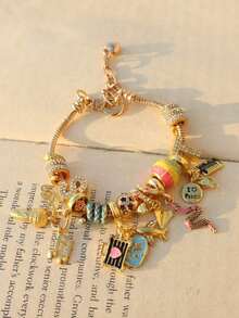 1pc Friendship Charm Bracelet, Music Piano Charm Bracelet, Animal Snake Charm Bracelet, Retro Disco Ball Charm Bracelet - 銀色 - 查看 6