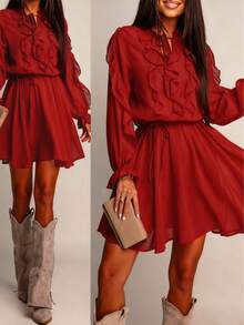 Women's New Elegant Fashionable Commuter Style Date Solid Color Ruffle Drawstring Long Sleeve Dress Spring - Dark Red - View 2