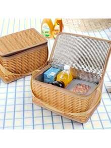 Multifunctional Portable Insulated Picnic Basket - Wicker Pattern Outdoor Food Storage Bag With Zipper Closure And Convenient Handle, Ideal For Outdoor Adventure, Picnic And Travel, Essential For Dining Out, Non-Contact With Food - Brown - View 1