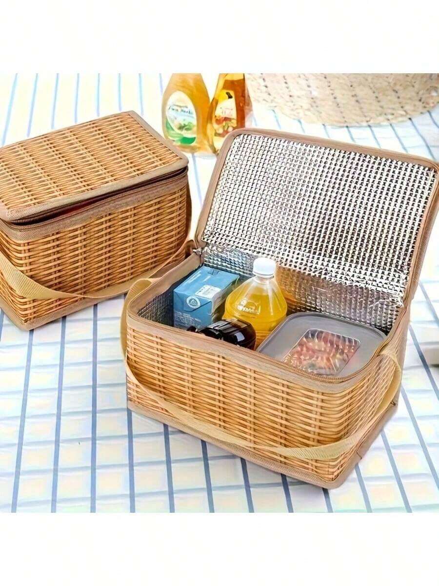 Multifunctional Portable Insulated Picnic Basket - Wicker Pattern Outdoor Food Storage Bag With Zipper Closure And Convenient Handle, Ideal For Outdoor Adventure, Picnic And Travel, Essential For Dining Out, Non-Contact With Food - Brown - View 1