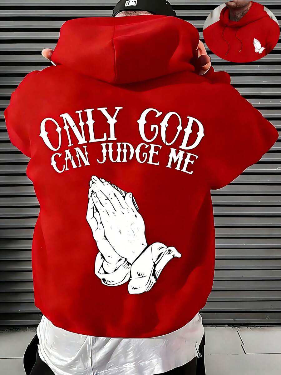 Men's Christian Faith Hooded Sweatshirt With Only God Can Judge Me Printed On The Back And Prayer Hand Design-Hoodie With OF A LOVING GOD Print-Unisex - 紅色 - 查看 1