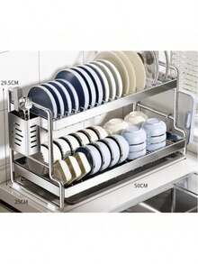 大容量不锈钢双层沥水架 - 带滴水盘、砧板架和餐具架 - 多功能防锈沥水架,适用于家用厨房台面 - 节省空间,易于清洁,厨房好帮手 - 彩色 - 查看 9