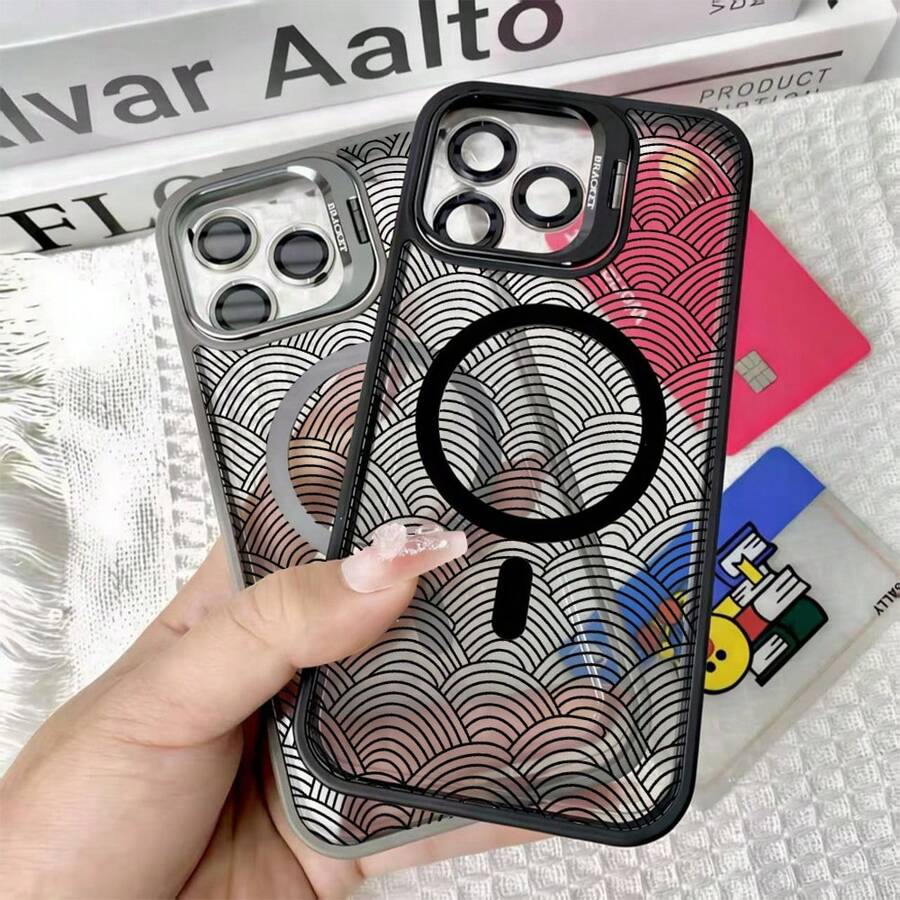 Dark, Wave-Patterned, Japanese-Style Minimalist Geometric Phone Case, TPU Shockproof Metal Camera Holder, Magnetic Design, Compatible With IPhone 17, 16, 15, 14, 13, 12 Pro, Pro Max Plus, And Air. Supports Wired And Wireless Charging. Perfect Gift For Friends, Loved Ones, Or Yourself. - Black - View 1