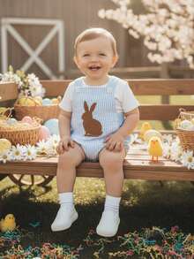 Conjunto de Pascua para bebé niño niña sin mangas con bordado de conejito a rayas con tirantes, mono de una pieza, ropa de verano - Azul - Ver 2