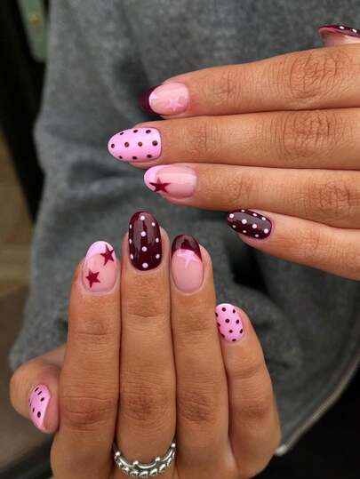 24pcs/Set Short Oval Burgundy French Manicure Nail Stickers, Polka Dot & Star Pattern, Cute Girl Style, Fully Fits Acrylic Fake Nails, Includes 1pc Jelly Gel And 1pc Nail File, Suitable For Women And Girls For Daily Work, Study And Party