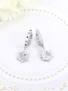 925 Sterling Silver Earrings, Fashion Earrings, Delicate Minimalist Earrings, Star & Moon Earrings, Cubic Zirconia Earrings, Hoop Earrings, Suitable For Daily Wear, Birthday Gift - Silver - View 5