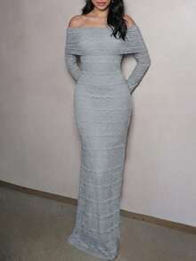 Đầm ôm sát gợi cảm tối giản, tay dài, hở vai - Màu xanh lam - Xem 4