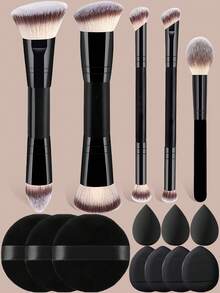 YZIMENG 15支/12支/7支/5支化妆刷套装包含5支化妆刷和10个化妆海绵，涵盖粉底刷、腮红刷、眼影刷等。刷毛柔软浓密，上妆顺滑均匀；海绵适用于底妆/遮瑕，贴合面部不卡粉。轻巧便携，满足全套化妆需求，新手也能轻松上手，易于清洁且经久耐用，是派对和旅行的必备之选。 - 黑色 - 查看 10