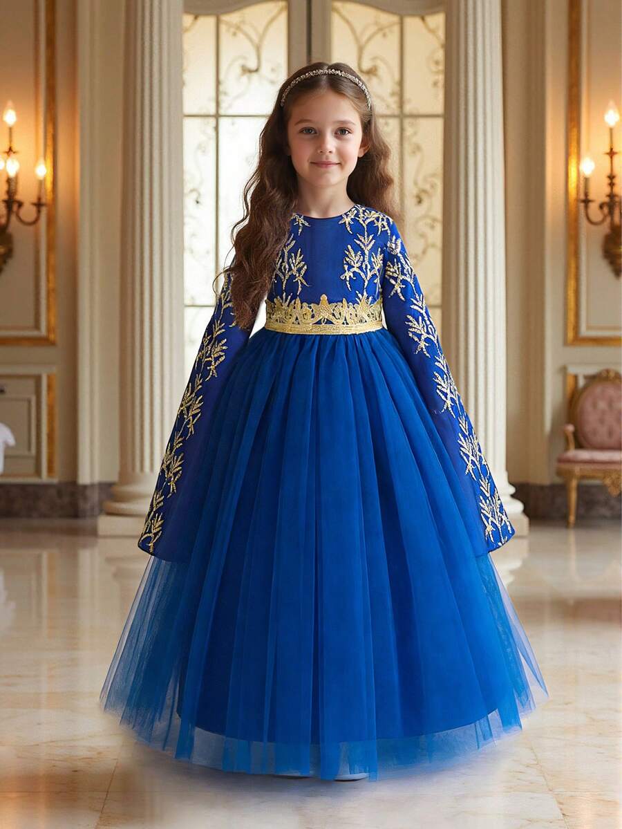 Young Girls Long Sleeve Embroidered Metallic Ribbon & Mesh Elegant Princess Dress, Suitable For Banquet And Holiday Celebration, Fabric Pattern Randomly Cut, Headband Not Included - Royal Blue - View 1