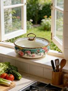 1pc Vintage Floral Enamel Shallow Pot, Suitable For All Seasons, With Gold-Rimmed Double Handles/Handleless Design, Multifunctional Cookware For Home And Commercial Use (Can Be Used As Soup Pot, Stew Pot, Instant Noodle Pot), Ideal For Holiday Gatherings, Family Dinners, And A Great Gift For Friends And Family On Holidays Or Birthdays. - Multi-colored 22CM Ruyi Basin - View 9