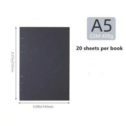 1 包 20 张/40 页活页笔记本纸（黑色卡纸），400 克厚米色牛皮纸，有 3 种尺寸可选：A6（6 孔，105*170 毫米/4.13*6.69 英寸），A5（6 孔，142*210 毫米/5.59*8.27 英寸），B5（9 孔，182*255 毫米/7.16*10 英寸）