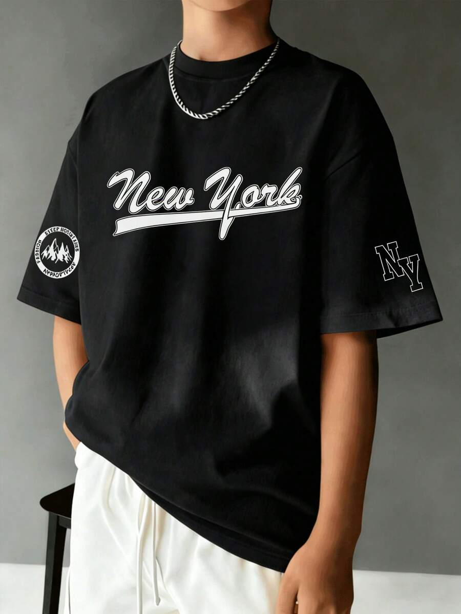 1pc Tween Boy Printed Short Sleeve T-Shirt, Young Student Clothing, Summer Top For Boys - Black - View 1