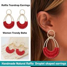 Raffia Hoop Earrings For Women Fun Boho Summer Beach Earrings Lightweight Handmade Straw Wicker Rattan Dangle Earrings Statement Geometric Round Drop Earrings - Red-teardrop - View 4