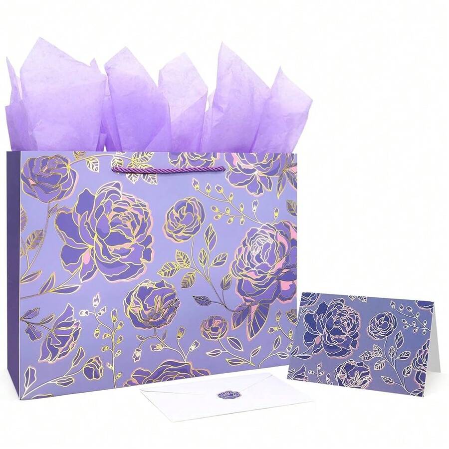 13\ Gold Purple Flower Gift Party Bags For Monther's Day,Happy Birthday Gift Bag With Tissue Paper Greeting Card For Women' Birthday Party, Wedding,Anniverss - 金紫色 - 查看 1