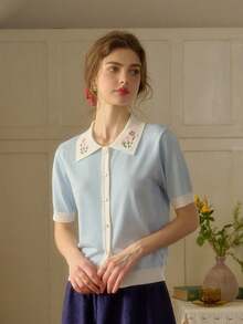 Simple Retro 女士春夏新款刺绣撞色彼得潘领纽扣优雅复古休闲开衫衬衫，温柔优雅，适合工作、面试等场合，法式时尚夏季上衣 - 藍色 - 查看 6