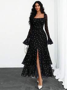 女士优雅、性感、现代、浪漫法式方领长袖连衣裙，Y2K风格，波点蝴蝶结印花，浪漫荷叶边，双层印花面料连衣裙，黑色，适合度假和春季穿着 - 黑色 - 查看 4