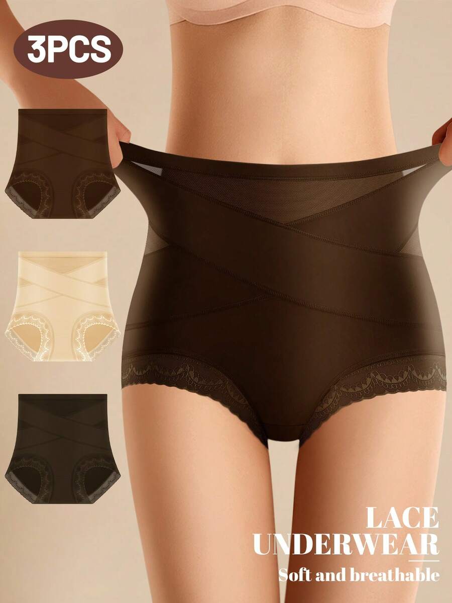 MIOTAN 3条装女士高腰网眼内裤，收腹提臀，交叉绑带设计，日常内衣 - 彩色 - 查看 1