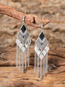 TopHanqi 1 Pair Long Chain Earrings, Geometric Rhinestone Rhombus Retro Silver Distressed Earrings, Versatile For Daily Wear, Commute, Party - Antique Silver - View 1