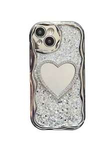 Valentine's Day Y2K Luxury Sequin Wavy Electroplated Shiny Mirror 3D Heart Dog Silicone Phone Case, Compatible With IPhone 14 15 13 12 Pro Max 14 15 Plus 11, Shock-Proof Bumper & Scratch-Resistant Back Cover - Love Mirror - View 2