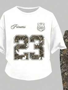 Teen Girls' Casual Fashion Street Style Numeric & Tree Print Loose Fit White T-Shirt And Flare Pants Set, Spring/Summer/Autumn - White - View 5