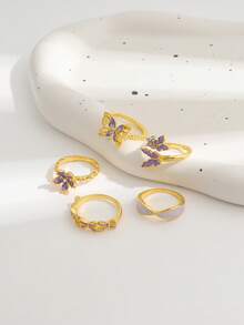 5件套珐琅滴釉紫色花朵蝴蝶戒指，紫色滴油蝴蝶五瓣花戒指套装（女士款） - 金色 - 查看 4