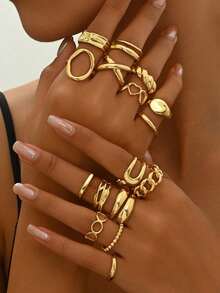 Set de 16 anillos geométricos de estilo punk, joyería de moda vintage, adecuado para atuendos diarios y accesorios de fiesta - Plateado - Ver 8