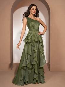 YISIKADO Women Elegant One Shoulder Ball Gown Sleeveless High-Waisted Ruffle Long Dress Wedding Guest Graduation Anniversary Homecoming Ceremony Party - Dark Green - View 4