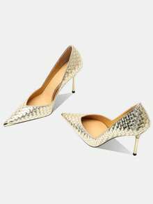 Einzigartige gewebte High Heel Design modische Spitze Zehen Sandalen für Frauen, vielseitig Sommer 2025 Neuankömmling, Stilettoabsätze - Gold - Übersicht 2