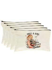 5/2/1pcs Floral & Book Reading Themed Canvas Zipper Storage Bags Gift Packaging Set, Creative "You're Awesome" Motivational Small Gift Bags, Suitable For Back To School, Graduation, Travel, Birthday, Anniversary, Teacher's Day, Appreciation Gifts - Beige - View 39