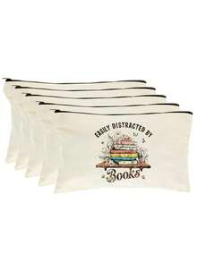 5/2/1pcs Floral & Book Reading Themed Canvas Zipper Storage Bags Gift Packaging Set, Creative "You're Awesome" Motivational Small Gift Bags, Suitable For Back To School, Graduation, Travel, Birthday, Anniversary, Teacher's Day, Appreciation Gifts - Beige - View 19