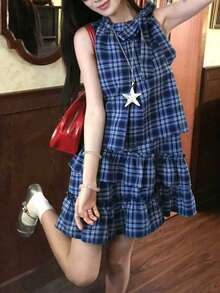 Women's Plaid Patchwork Ruffle Hem Casual Dress, Summer Dress With Bow Tie - Blue - View 4