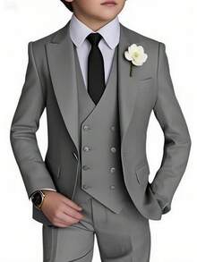Stylish Boys 4 Piece Slim Fit One Button Formal Suit Set With Tie For Wedding Prom Party - Grey - View 1