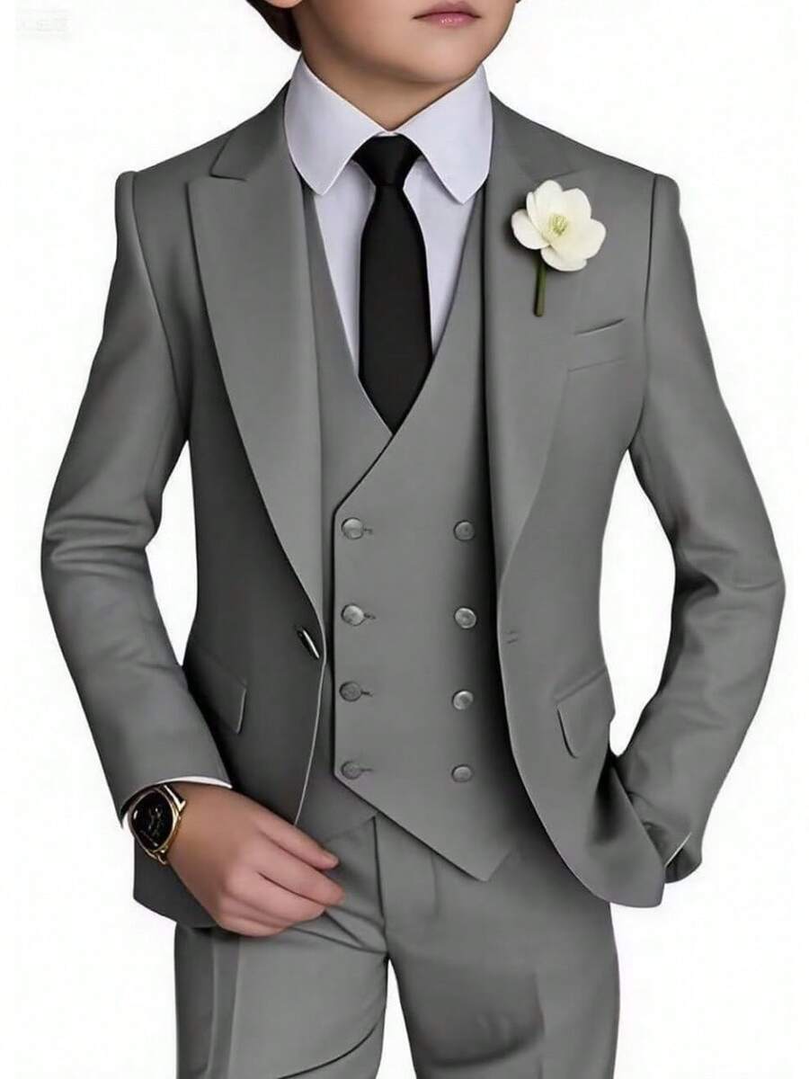 Stylish Boys 4 Piece Slim Fit One Button Formal Suit Set With Tie For Wedding Prom Party - Grey - View 1