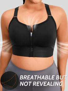 1pc Plus Size Women Sports Bra, Front Zipper Closure, Lift & Support, Casual Wear - Black - View 2