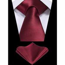 1 Set Men Solid Color 8cm Necktie And Pocket Square Set, Satin Tie And Handkerchief Set, Business Necktie And Pocket Square Men Necktie - Wine Red - 查看 1