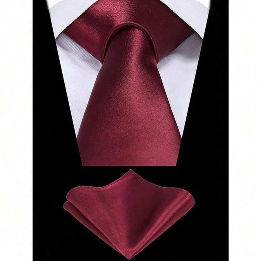 1 Set Men Solid Color 8cm Necktie And Pocket Square Set, Satin Tie And Handkerchief Set, Business Necktie And Pocket Square Men Necktie - Wine Red - 查看 1