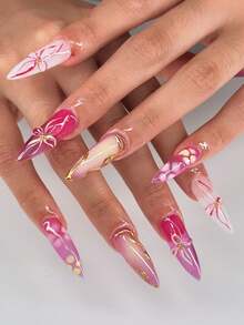 10pcs Handmade 3D Flower Nail Art,  Blooming Gel Flower Stiletto Press-On Nails, Suitable For Women And Girls Daily Wear - 中紫紅色 - 查看 1