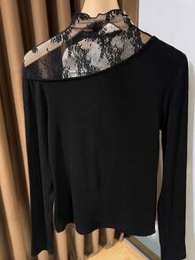 早春撞色蕾丝荷叶边女士打底衫，秋冬休闲黑色 - 黑色 - 查看 2