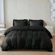 Stylish 3pcs Frilled Duvet Cover Set | 3pcss Ruffle Bedding Set With 2 Pillowcase Frills Duvet Cover With Button Closure Soft Microfiber Duvet Cover Set - Black - View 4