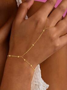 1件时尚个性简约金属串珠链指环手链，百搭，适合日常佩戴（手工切割链条至合适长度，珠子数量随机） - 金色 - 查看 3