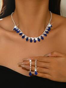 Elegant Women's Jewelry Set, Teardrop Necklace + Earrings, Copper Material Inlaid With Rhinestones, Suitable For Weddings, Banquets, Balls, Parties, And Valentine's Day Gifts - 1798 Blue Suit - View 14